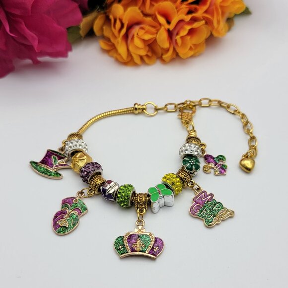 Mardi Gras Multicolor Enamel Charm Bracelet Gold Tone Adjustable 10" - Picture 1 of 11